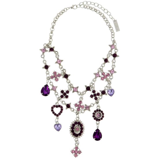 Collier Behave avec pendentifs coeur en pierre violette et fleurs