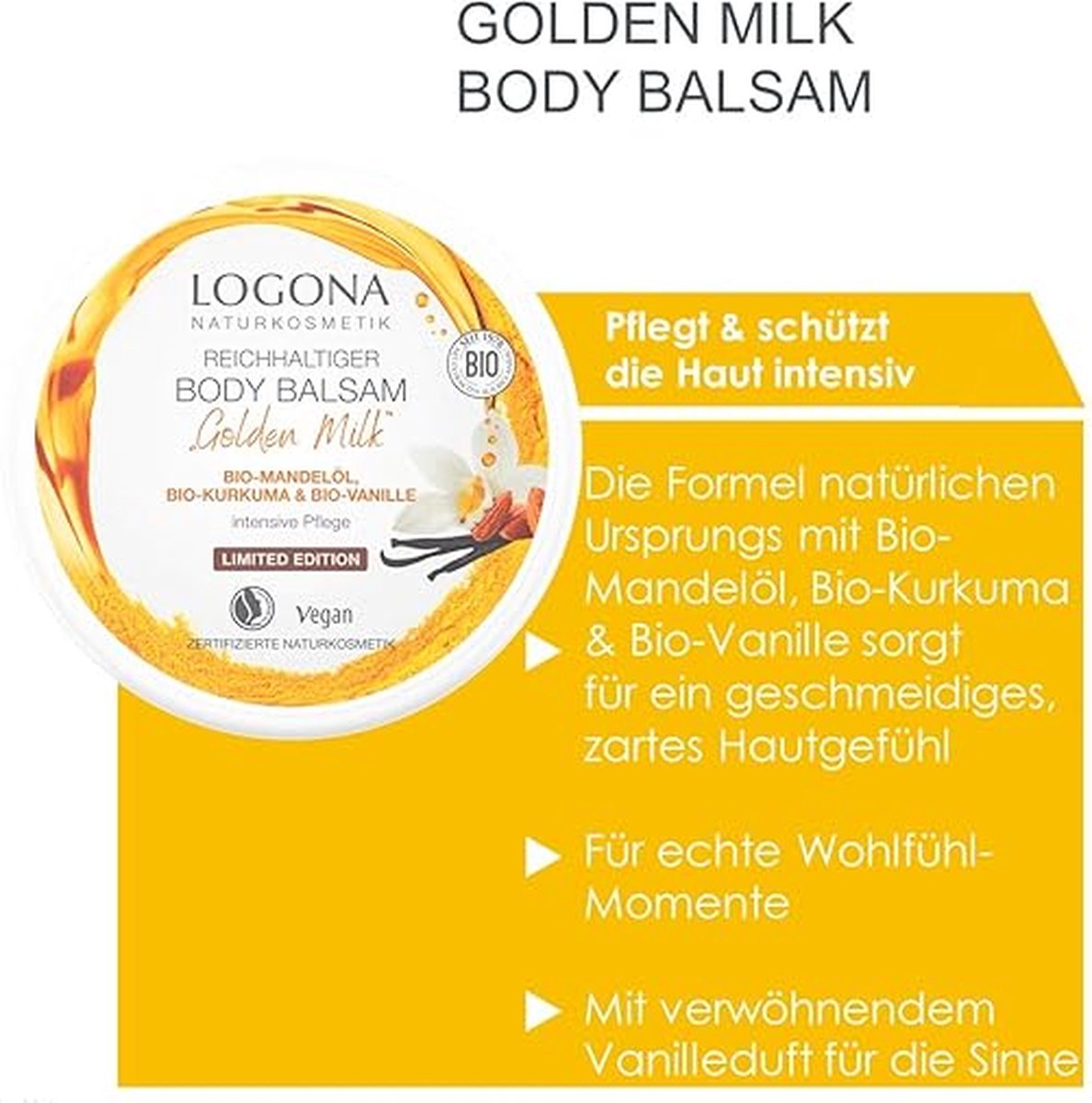 LOGONA Naturkosmetik Rich Body Balm Limited Edition with Organic Almond Oil, Pampering Organic Vanilla & Organic Turmeric, for a Smooth & Delicate Skin Feeling, 150 ml