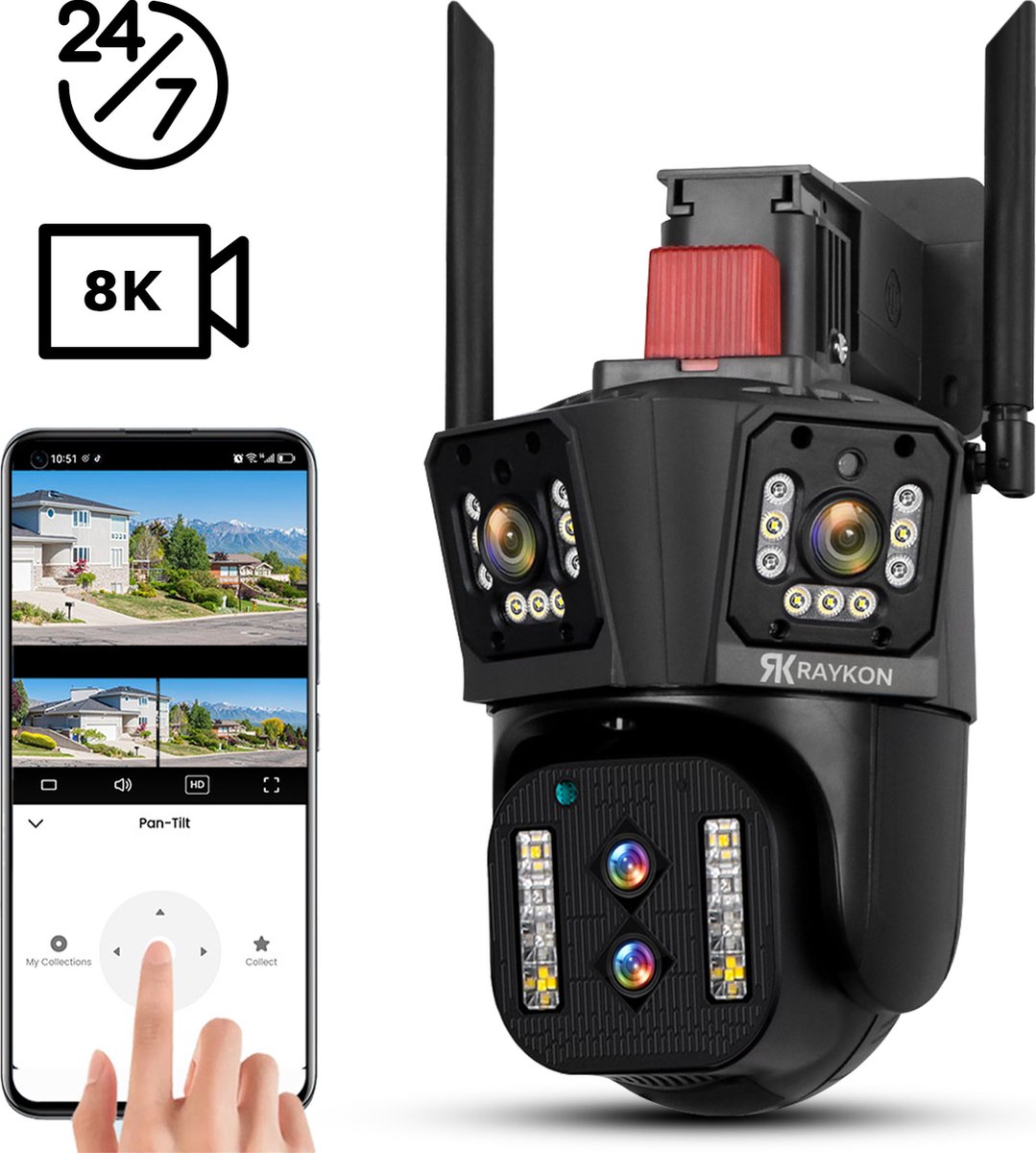Raykon Beveiligingscamera met Nachtzicht voor Buiten - Draadloze Camera voor Binnen - Camerabewaking met WIFI - Inclusief 128GB Opslag
