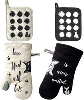 Ensemble de cuisine 4 pièces en coton avec gants de cuisine et maniques, imprimé chat (ivoire noir 4 paquets)