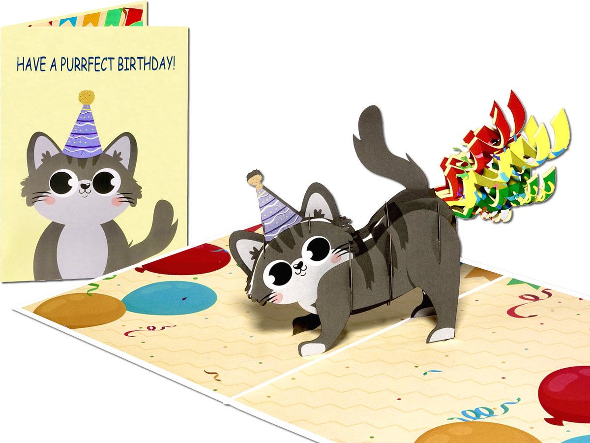 Popcards 3D popupkaart - Verjaardagskaart met spinnende confetti poes