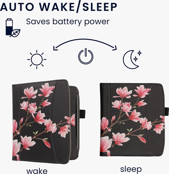 kwmobile flip cover geschikt voor Pocketbook Era / Era Color - Hoes met handgreep en voorvak voor e-reader - Book case in poederroze / wit / zwart - Magnolia design van Merkloos — afbeelding 3
