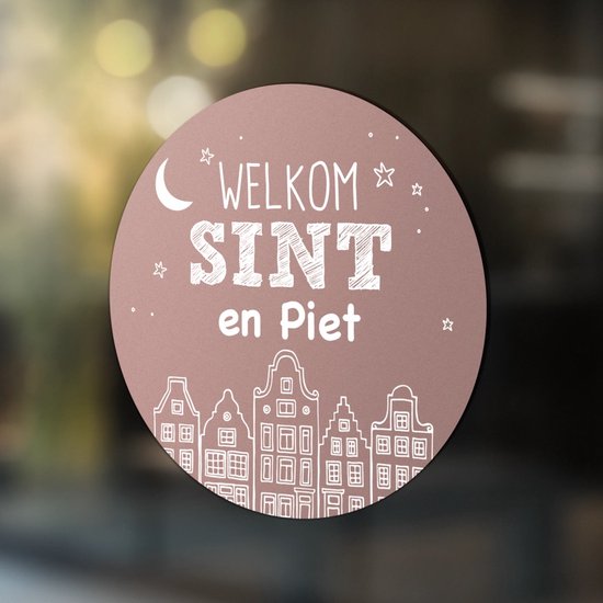 Label2x - Sticker Welkom Sint en Piet Huisjes - Raamsticker - Sinterklaas 60 cm Roze - Sinterklaas decoratie - Sinterklaas versiering