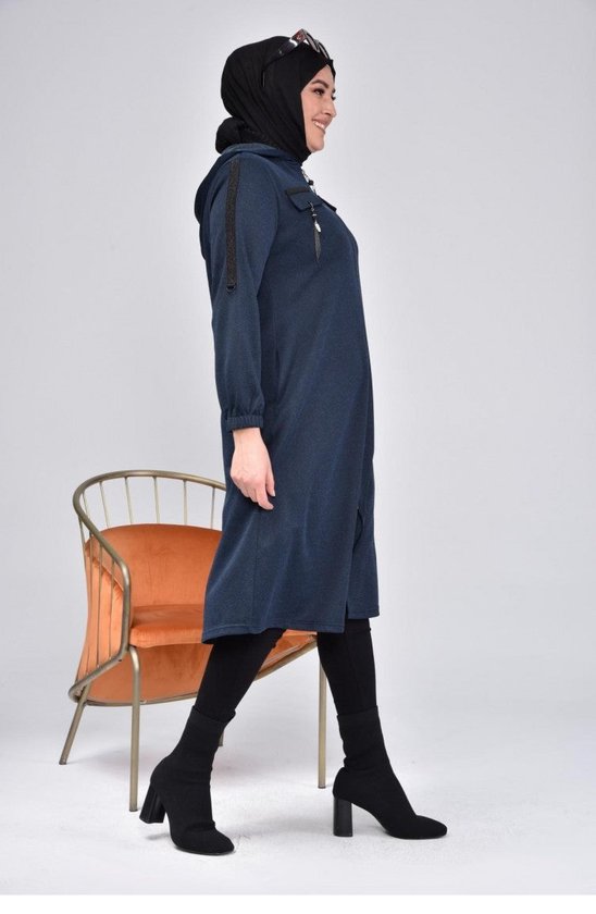 Veste femme entre veste avec fermeture éclair et capuche longue | Bleu foncé | Choisissez 1 taille plus grande, taille petit