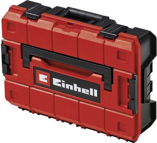 Gesloten rode Einhell koffer met zwart handvat en Einhell logo.