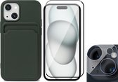 Hoesje Pasjeshouder geschikt voor iPhone 15 - Screenprotector FullGuard + Camera Lens Screen Protector - Siliconen Case Back Cover Groen