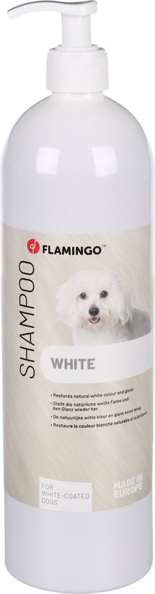 Shampooing blanc Flamingo pour chiens à poil blanc. Restaure la couleur blanche naturelle et la brillance.
