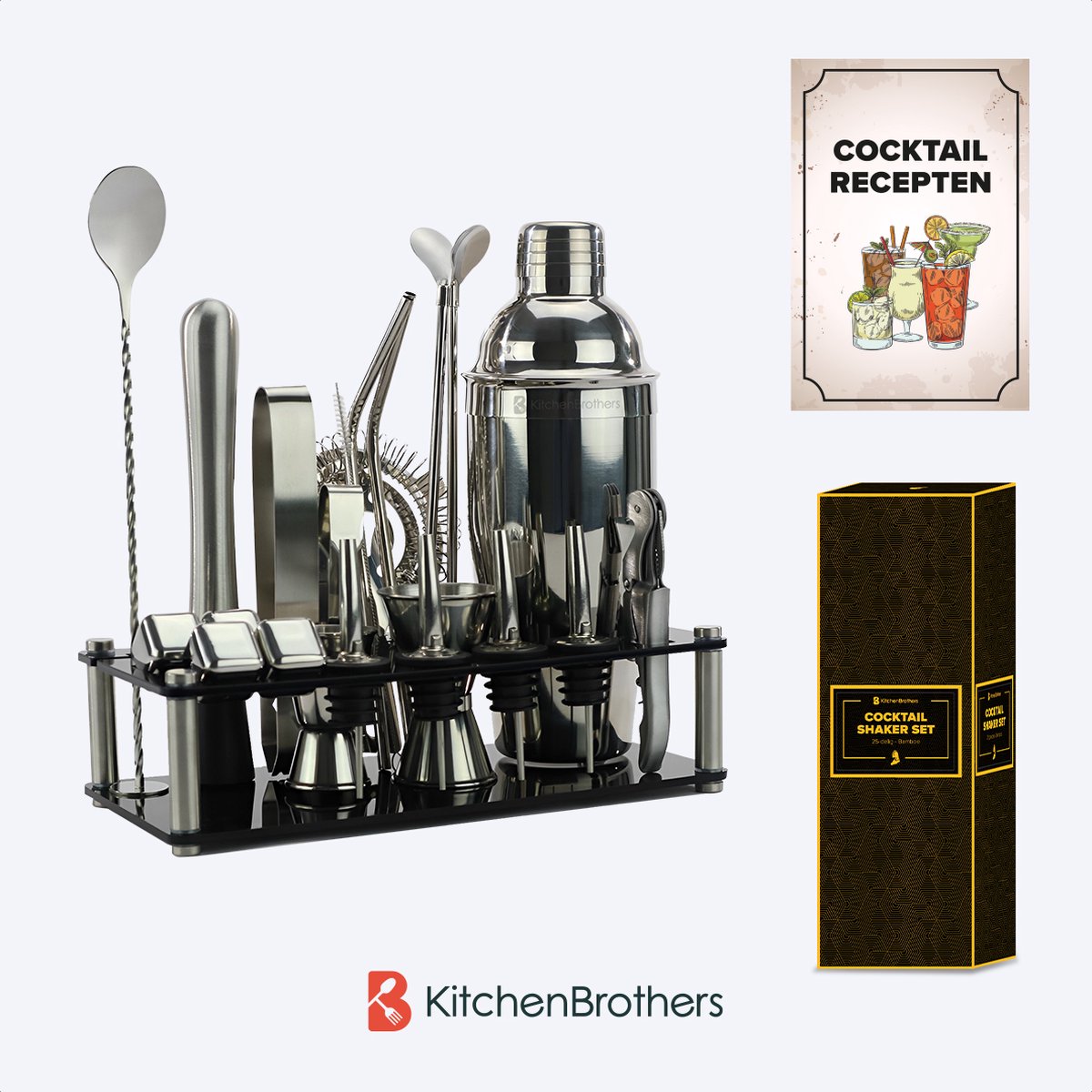 KitchenBrothers Cocktail Set - 24 delig - Inclusief Cocktail Shaker (750ml) - Compleet voor Cocktailbar - Zwart/Acryl - Cocktailset - BPA-Vrij - Met Receptenboekje - Cadeauverpakking — cadeau in Kookcadeaus - foto 7