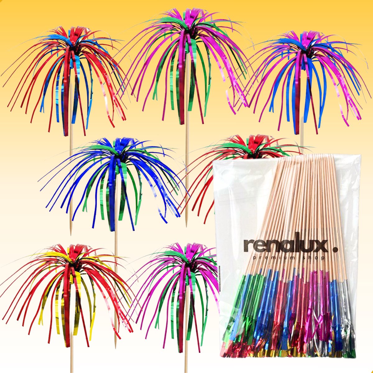 RENALUX - Vuurwerk Prikkers Dubbele Kleuren XXL Set Extra Luxe - Cocktailprikkers Herbruikbaar - Partyprikkers - Feestprikkers - Tapas Prikkers - Taartversiering - Prikkers - Sateprikkers met Versiering - 60 Stuks — cadeau in Kookcadeaus - foto 6