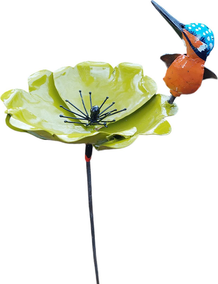 Floz Design tuinsteker grote bloem met vogel ijsvogel ijzeren tuindecoratie upcycled