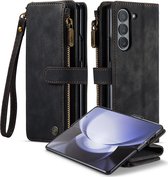 Geschikt Voor Samsung Galaxy Z Fold 5 Hoesje - Z Fold 5 Hoesje - Z Fold 5 Case - Backcover - Pu Leer - Met Polskoordje - Draadloos Opladen - Z Fold5 - Zwart