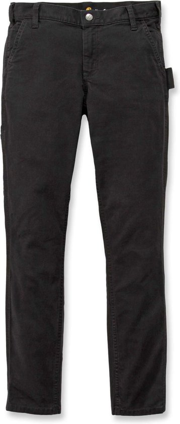 Pantalon de travail Carhartt noir avec poches latérales, une poche à outils sur le côté et une étiquette logo sur la poche arrière.