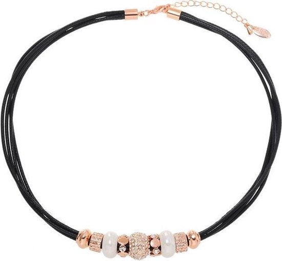 Behave Collier court rose avec cordon ciré noir de 45 cm de longueur avec perles en métal + pierres de cristal + chaîne d'extension de 7,5 cm