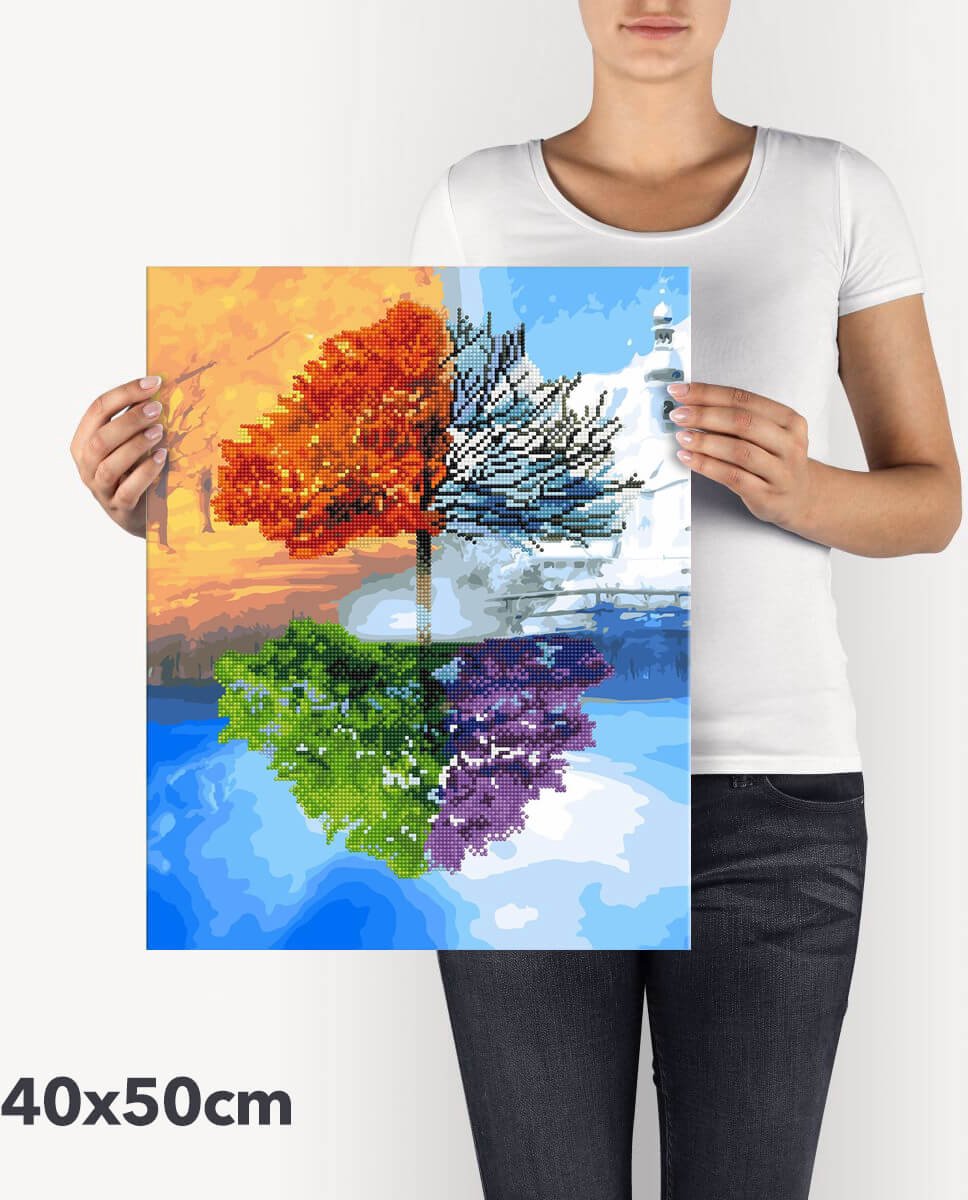 Schilderen Op Nummer Volwassenen DIY Hybrid Paint By Number Diamond Painting - Compleet Hobby Pakket op Frame met Vernis - ®Arty Bee - 4 Seizoenen Boom - 40x50cm — afbeelding 4