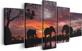 Artaza Canvas Schilderij Vijfluik Olifanten Tijdens Zonsondergang - Silhouet - 200x100 - Groot - Foto Op Canvas - Canvas Print