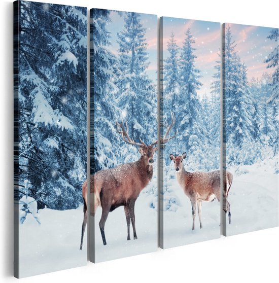 Artaza Canvas Schilderij Vierluik Twee Herten In Het Bos Met Sneeuw - 160x120 - Groot - Foto Op Canvas - Canvas Print