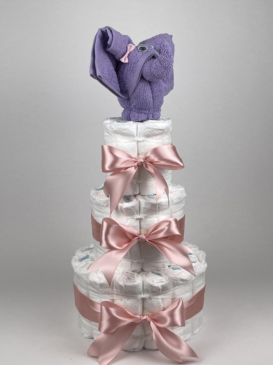 Chouette-Chouette | Luiertaart Meisje | Kraamcadeau | Geboorte Meisje | Babyshower | Olifant Lavendel - donker Poeder Roze