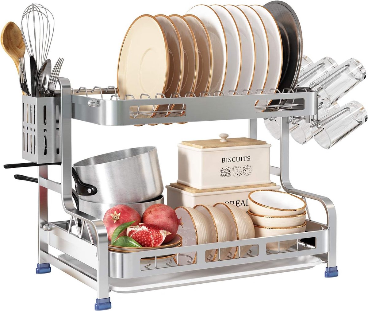 Goedkoopste Afdruiprek, 304 roestvrij staal 2-laags grote afdruiprek en afdruiprekset voor aanrecht met keukengereihouder, wijnglashouder en dienblad, afdruiprek (zilver