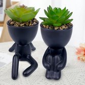 SHOP YOLO-kunstplant-Keramiek Potje -kunststof nepplanten-Decoratieve Kunstmatige vetplanten in potten-2 Stuks-zwart
