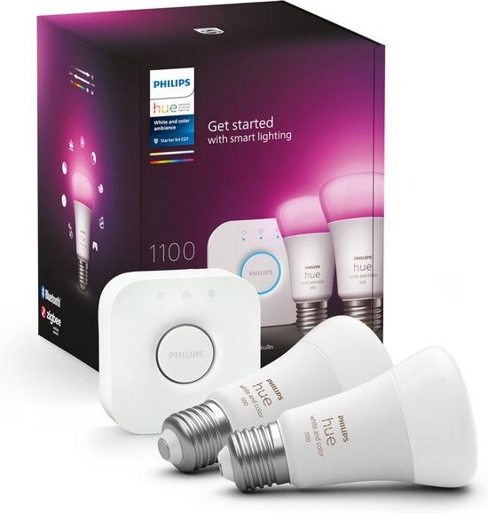 Philips Hue White and Color ambiance Kit de démarrage : 2 ampoules connectées E27 (1100), LED, E27, 2000 K, 6500 K, 1055 lm, 11 W