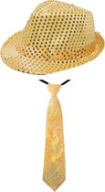 Carnaval verkleed set - hoedje en stropdas - goud - volwassenen - glitters