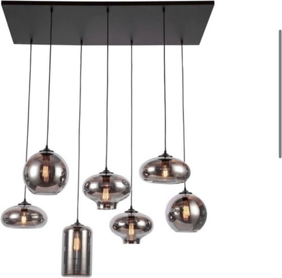 Homestar - Lampe suspendue 7 lumières Ampoules verre mélangé fumé 100x50cm plaque noire