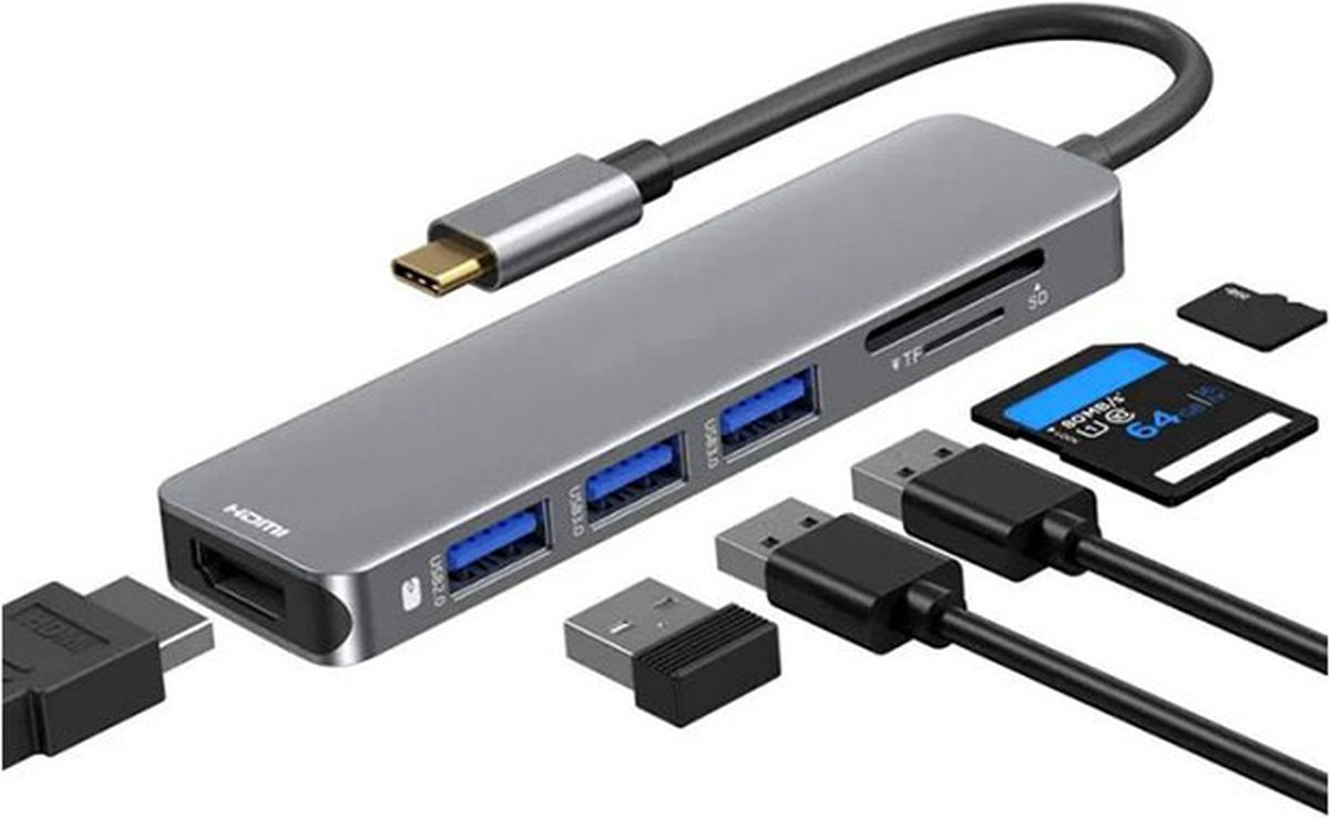 USB C hub 6 in 1 met Cardreader SD, Micro SD, HDMI en 3x USB-A ondersteund 4K UHD