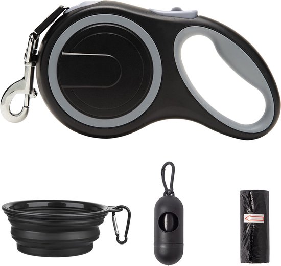 JAXY Hondenriemset - Hondenriem - Looplijn Hond - Rollijn Hond 8 Meter - Honden tot 50kg - Inclusief Poepzakjeshouder en Reisvoerbak - Kleine/Middelgrote/Grote Honden - Grijs