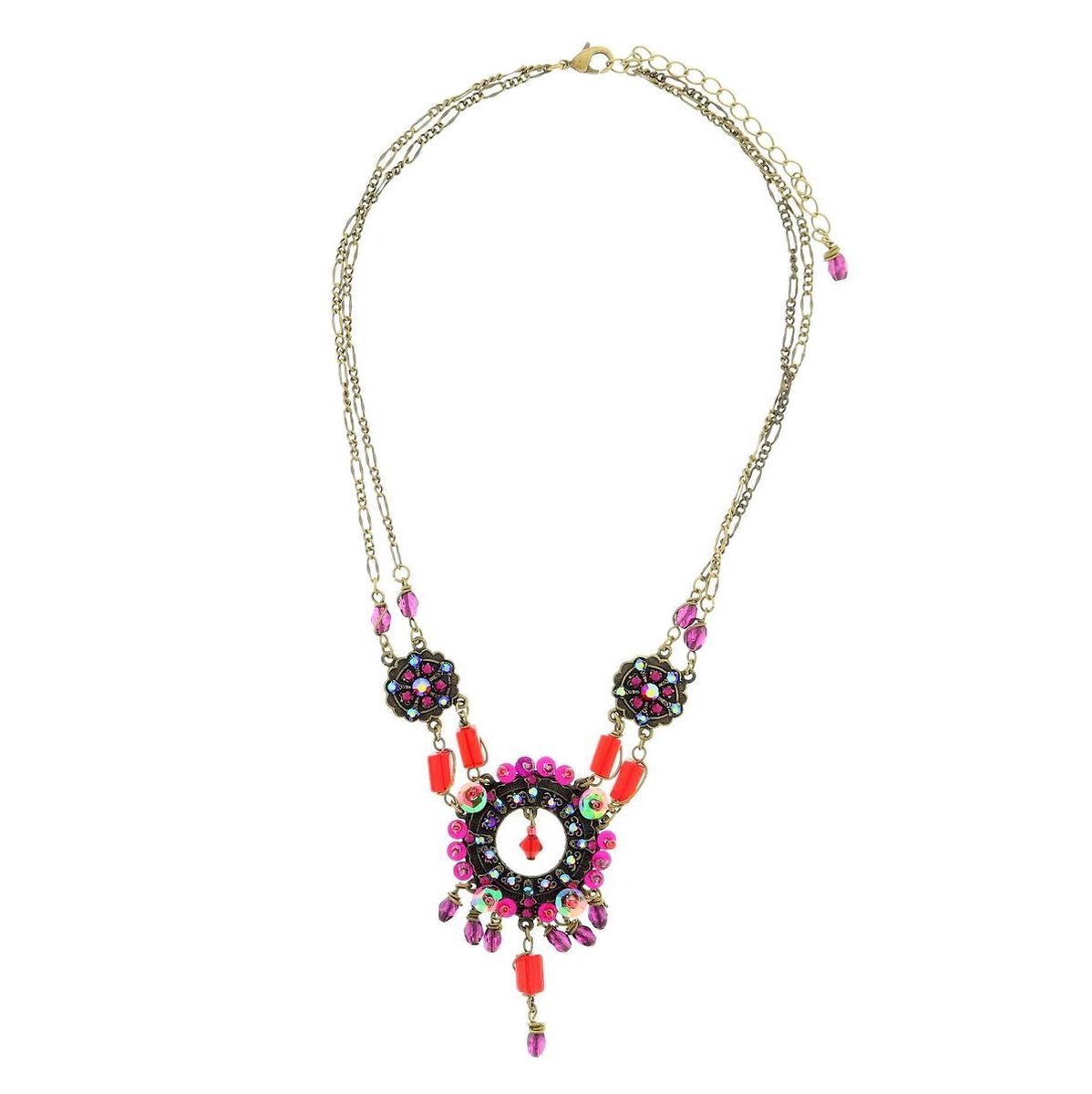 Behave - Ketting - Dames - Antiek Goudkleur - Ronde Fantasie Hanger - Boho Ibiza Stijl - Roze/Rode Kraaltjes - 40 cm