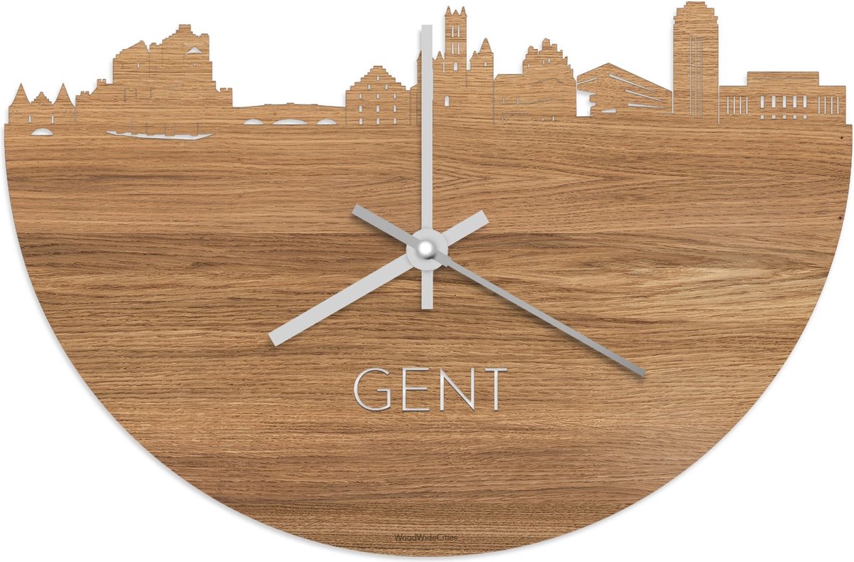 Skyline Klok Gent Eikenhout - Ø 40 cm - Stil uurwerk - Wanddecoratie - Meer steden beschikbaar - Woonkamer idee - Woondecoratie - City Art - Steden kunst - Cadeau voor hem - Cadeau voor haar - Jubileum - Trouwerij - Housewarming - WoodWideCities