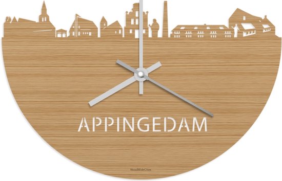 Skyline Klok Appingedam Bamboe hout - Ø 40 cm - Stil uurwerk - Wanddecoratie - Meer steden beschikbaar - Woonkamer idee - Woondecoratie - City Art - Steden kunst - Cadeau voor hem - Cadeau voor haar - Jubileum - Trouwerij - Housewarming -