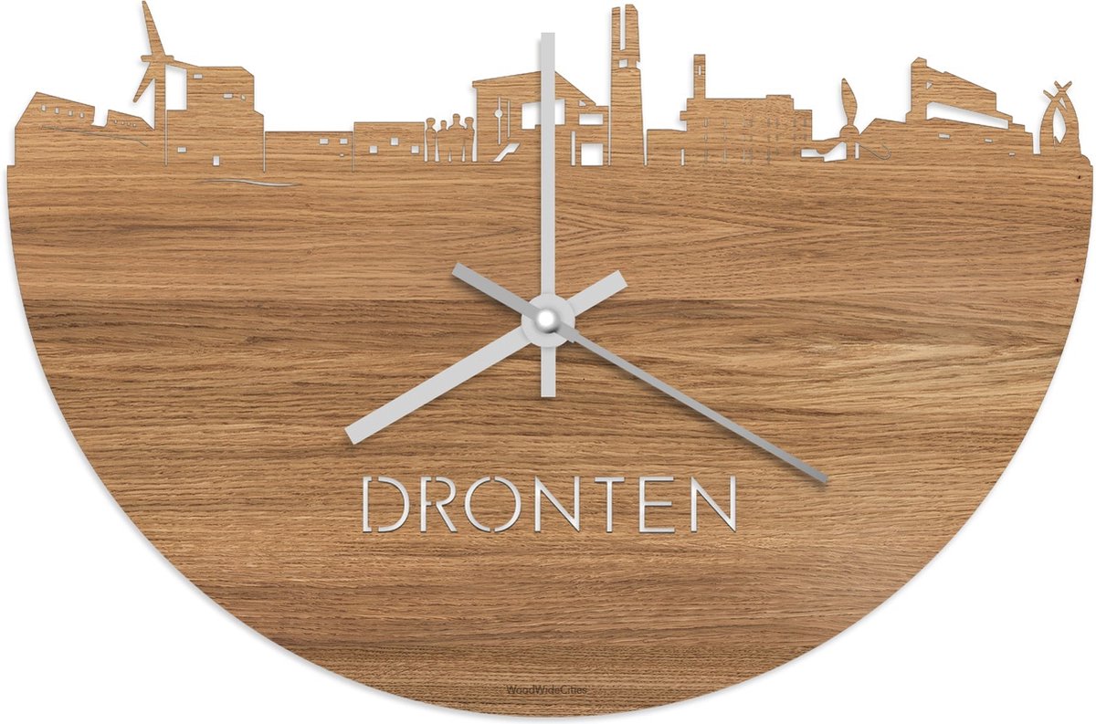 Skyline Klok Dronten Eikenhout - Ø 40 cm - Stil uurwerk - Wanddecoratie - Meer steden beschikbaar - Woonkamer idee - Woondecoratie - City Art - Steden kunst - Cadeau voor hem - Cadeau voor haar - Jubileum - Trouwerij - Housewarming - WoodWideCities