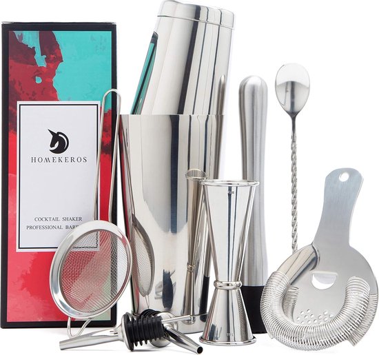 Shaker van roestvrij staal, 18/8 cocktailset, 550 ml en 750 ml, met baraccessoires, professionele cocktailshakerset met geschenkdoos, vaatwasmachinebestendig, lekvrij, gemakkelijk te openen