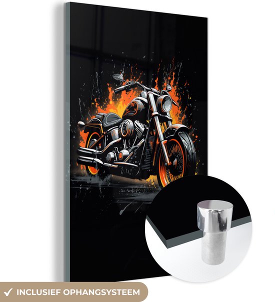 MuchoWow® Glasschilderij 80x120 cm - Schilderij glas - Motor - Bike - Vlammen - Oranje - Zwart - Graffiti - Foto op acrylglas - Schilderijen