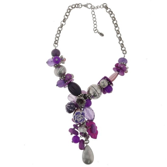 Collier Behave - grand collier - couleur argent - violet - fleurs - grosses perles - pendentifs - femme - 50cm