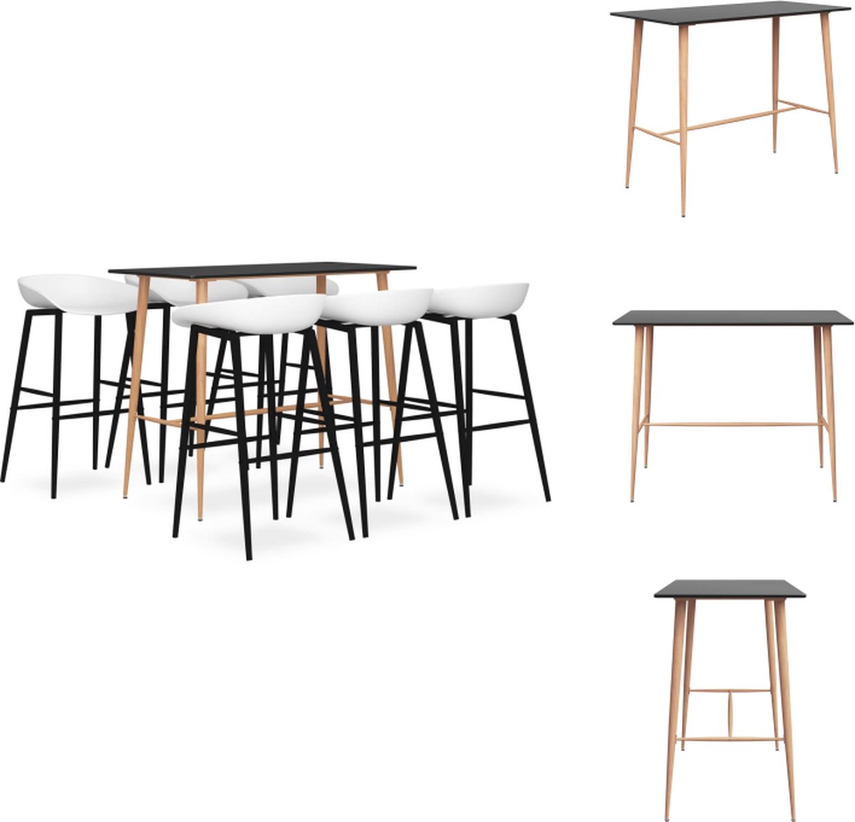 VidaXL Bartafel Zwart MDF en metaal 120x60x105 cm Barkruk Wit PP en metaal 48x47.5x95.5 cm Set tafel en stoelen