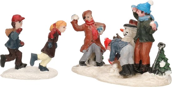 Lumineo Kerstdorp figuren - kinderen - sneeuwballen gooien - 6,5 cm - polyresin - figuurtjes