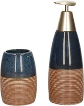 Items Badkameraccessoires - zeeppompje en beker/tandenborstelhouder - donkerblauw polystone 11 cm