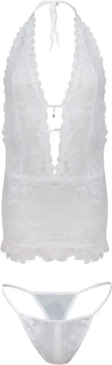 Verleidelijke lingerie set uit kant - kanten chemise en string - DKaren Hailey set - wit L
