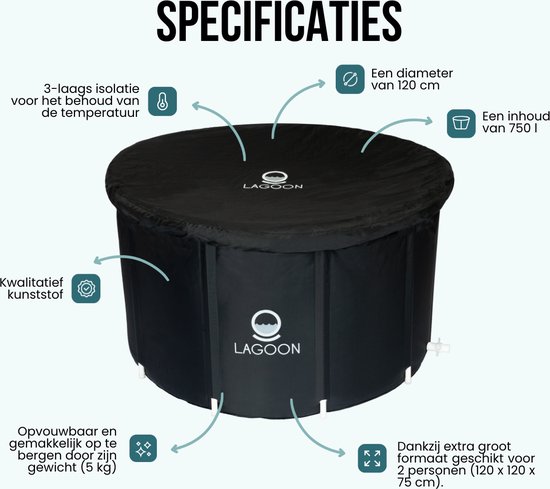 Lagoon® IJsbad 120 cm XXL - Geschikt voor 2 personen - Ice Bath - Dompelbad - Opvouwbaar & Inklapbaar ijsbad - Opblaasbaar Zitbad-