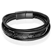 Mendes Jewelry Heren Armband - Stoer Zwart Leder met Bladvormige Stalen Bedel - Zwart-21cm