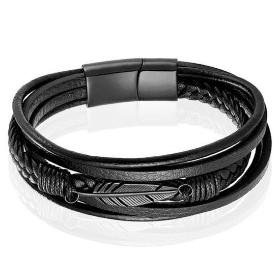 Mendes Jewelry Heren Armband - Stoer Zwart Leder met Bladvormige Stalen Bedel - Zwart-21cm