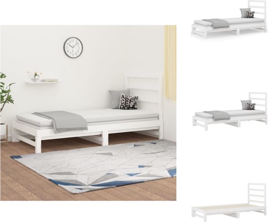 vidaXL Uitschuifbare Slaapbank - Massief Grenenhout - Wit - 205.5 x 182 x 30 cm - Comfortabele ondersteuning - Geen matras inbegrepen - Bed