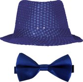 Toppers - Carnaval verkleed set compleet - hoedje en vlinderstrikje - blauw - heren/dames - glimmend - verkleedkleding