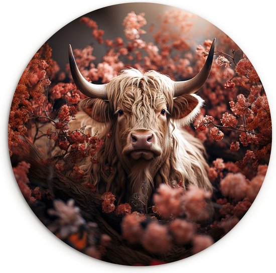 WallCircle® Wandcirkel 60x60 cm - Muurcirkel Schotse hooglander - Dieren - Natuur Bloemen - Muurdecoratie Landelijk woonkamer - Wanddecoratie slaapkamer - Kamer decoratie accessoires - Ronde schilderijen - Woonaccessoires cirkel binnen