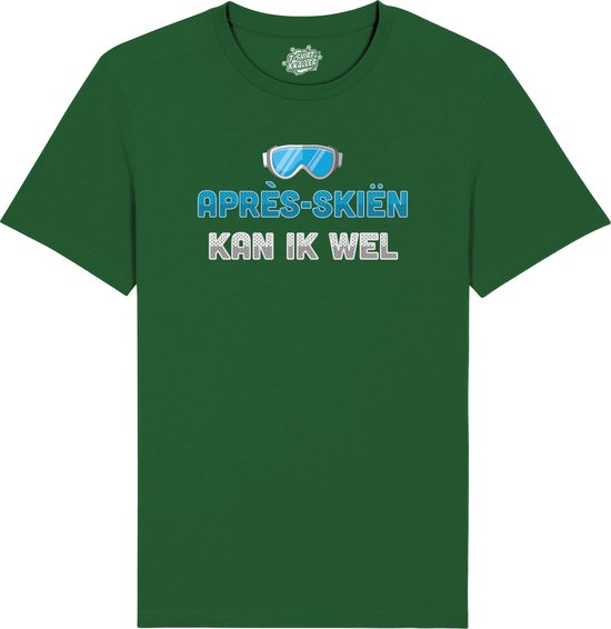 Après-Skiën Kan Ik Wel - Grappige Apres Ski en Bier Wintersport Kleding - Mannen / Vrouwen / Unisex - Foute Ski en Snowboard Vakantie Outfit Cadeau - Unisex T-Shirt - Bottle Groen - Maat L