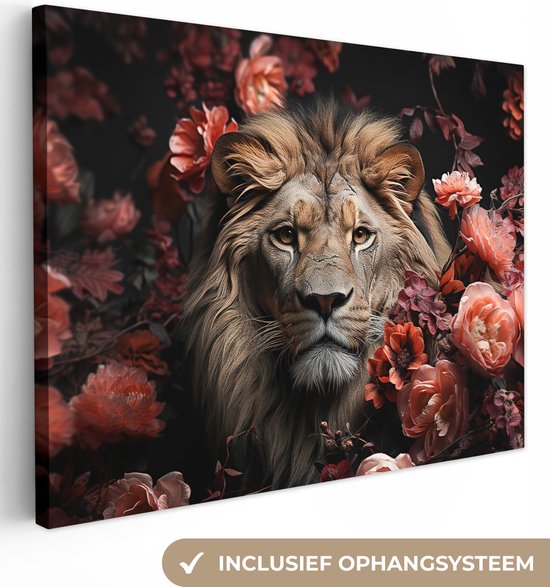 Canvas Schilderij Leeuw - Dier - Natuur - Botanisch - Bloemen - Roze - Wanddecoratie