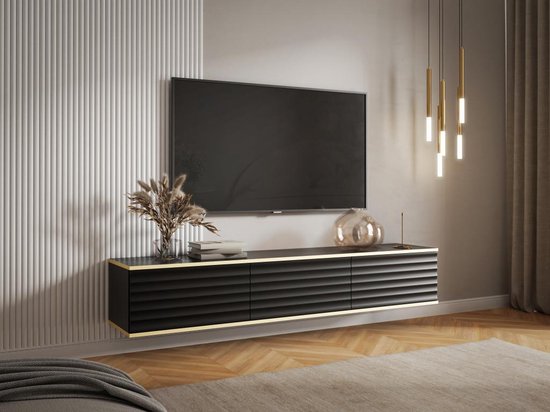 PASCAL MORABITO Hangend tv-meubel met 3 deurtjes van mdf - Zwart en goud - ALESAR van Pascal MORABITO L 170 cm x H 30 cm x D 35 cm