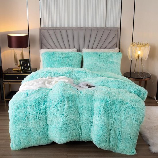 Plush Bed Linen Set 135 x 200 cm Flannelette Fluffy Duvet Set for Bed Shaggy and Plush Soft Bed Linen Duvet Covers and 1 Pillowcase 80 x 80 cm, Aqua Ombre
