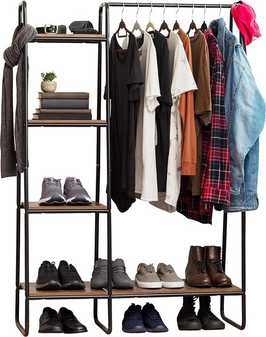 Portant à vêtements US avec 3 étagères en bois, autoportant, facile à assembler, portant à vêtements, Stable, petite solution de rangement, noir